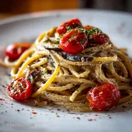 Spaghetti con Crema di Melanzane e Pomodorini: Silky Finish
