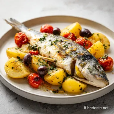 Orata al Forno con Patate Olive e Pomodorini per 2 Scheda ricetta