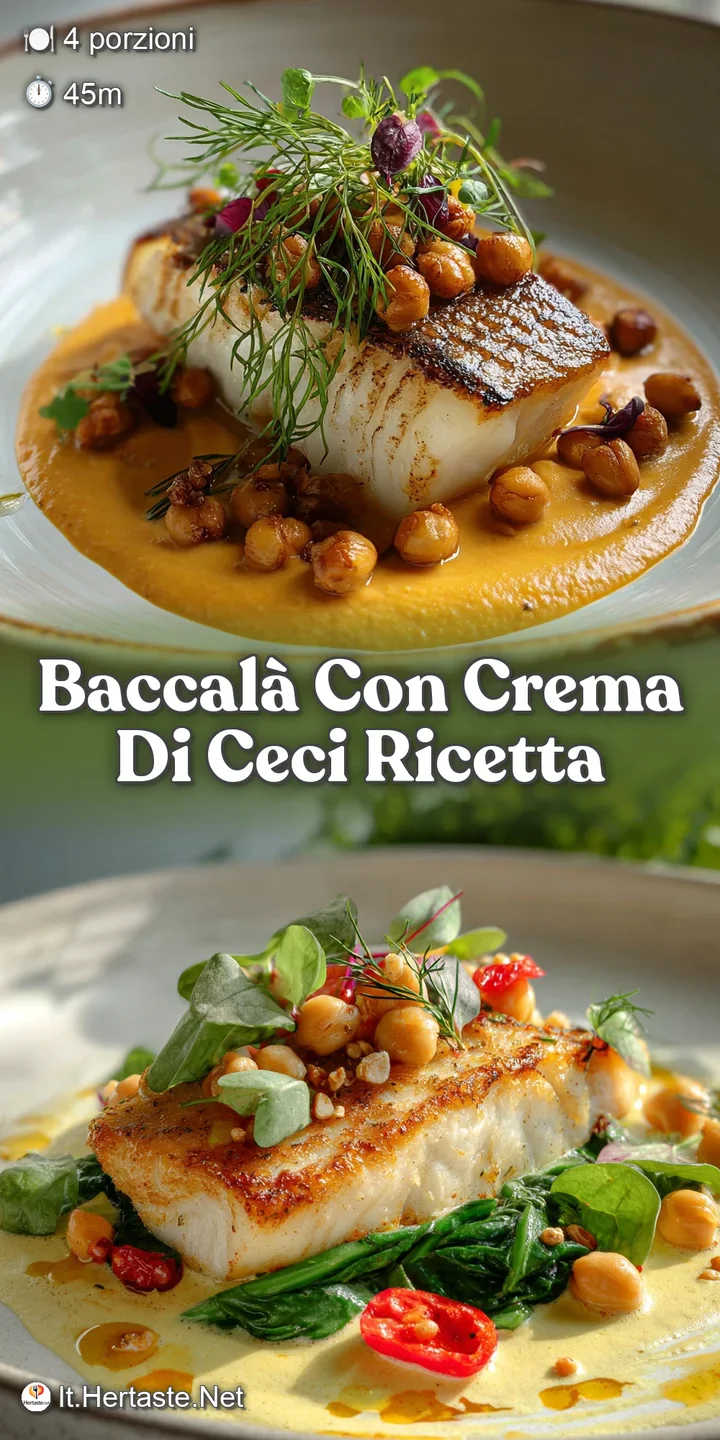 Close-up of tender, moist baccal&agrave; flaking apart on a bed of soft, light beige ceci, glistening with herbed oil.