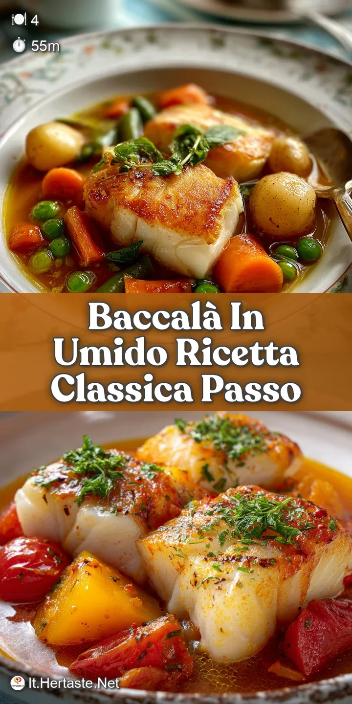 Close-up of simmering baccal&agrave;. Flaky white fish peeks from the vibrant, chunky tomato sauce with pops of fresh green parsley.