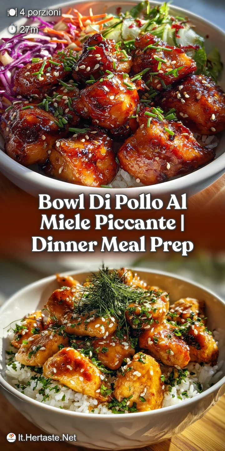 Close-up of juicy chicken coated in a sticky, honey-chili glaze, highlighting the textures and vibrant colors of the dish.