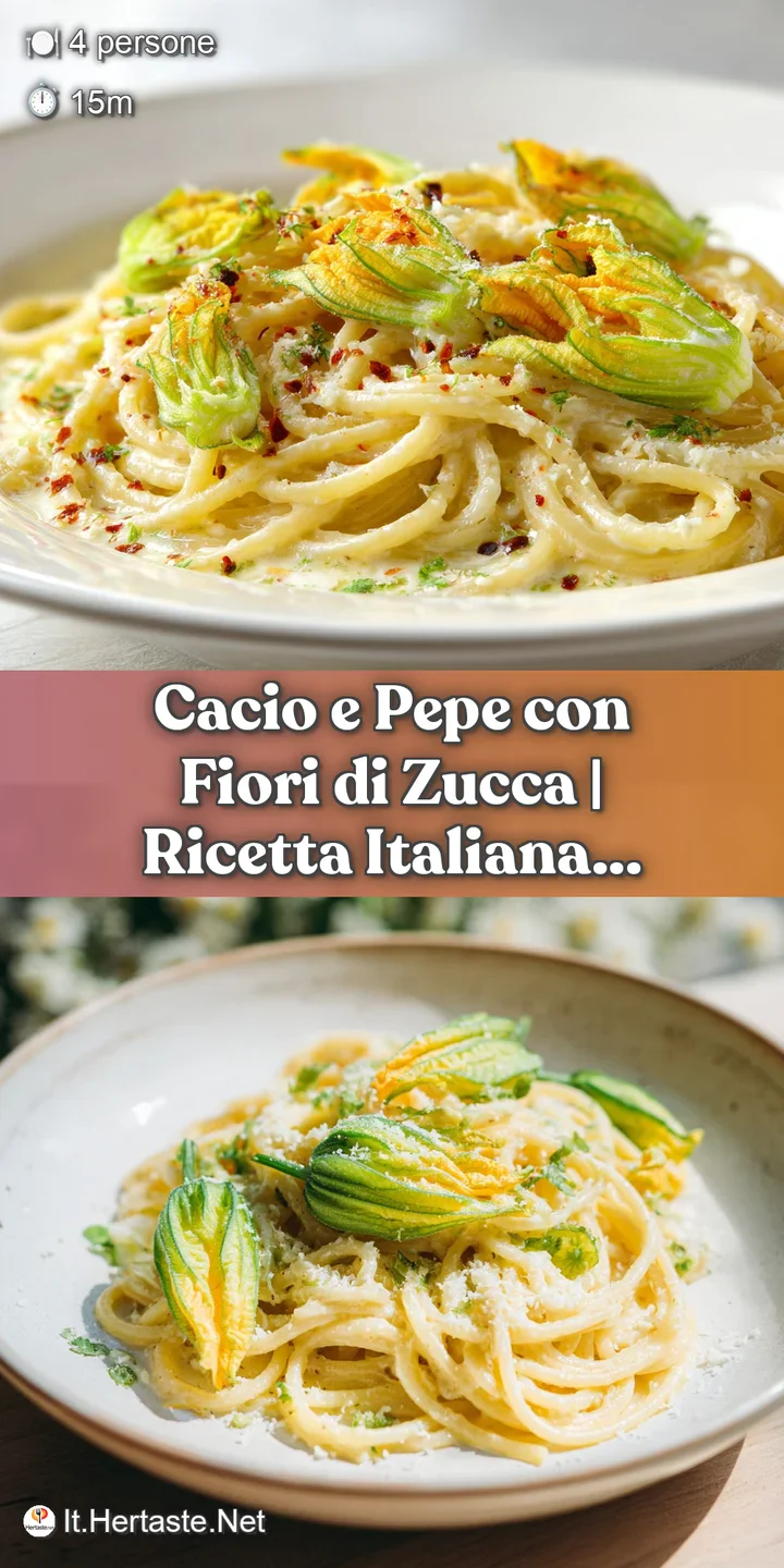 Close-up shows glossy pasta strands coated in cheese, with delicate fried zucchini flowers and flecks of black pepper.