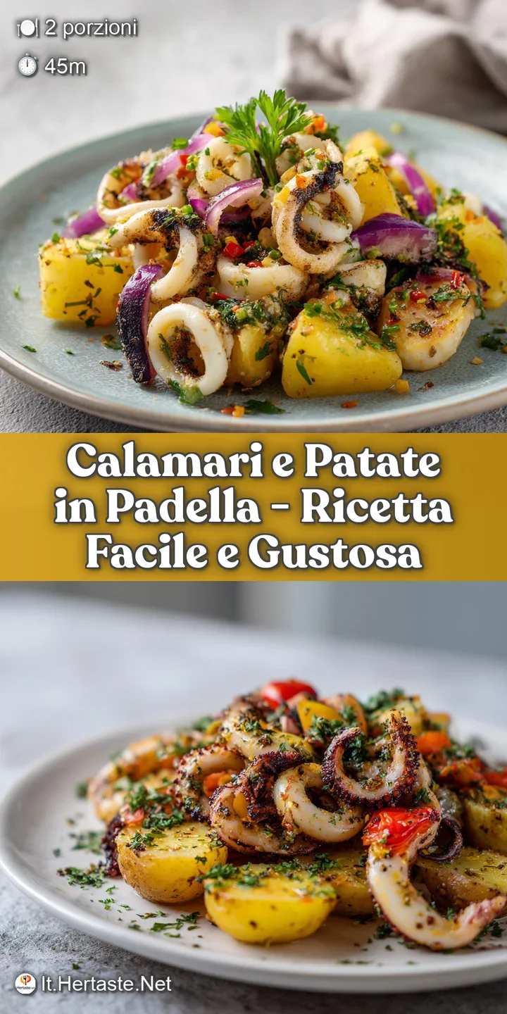 Close-up of crispy calamari and buttery potatoes glistening with olive oil and a sprinkle of cracked pepper.