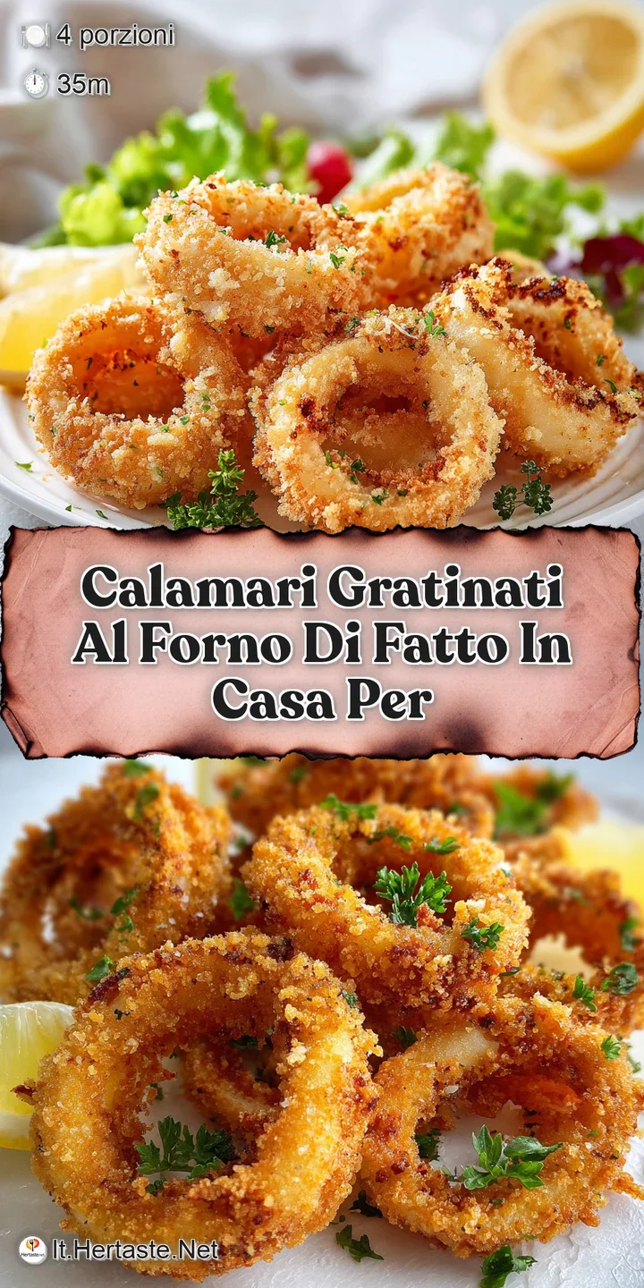 Close-up shot of bubbling, golden-brown calamari gratin, highlighting the crispy breadcrumb topping and tender calamari ri...