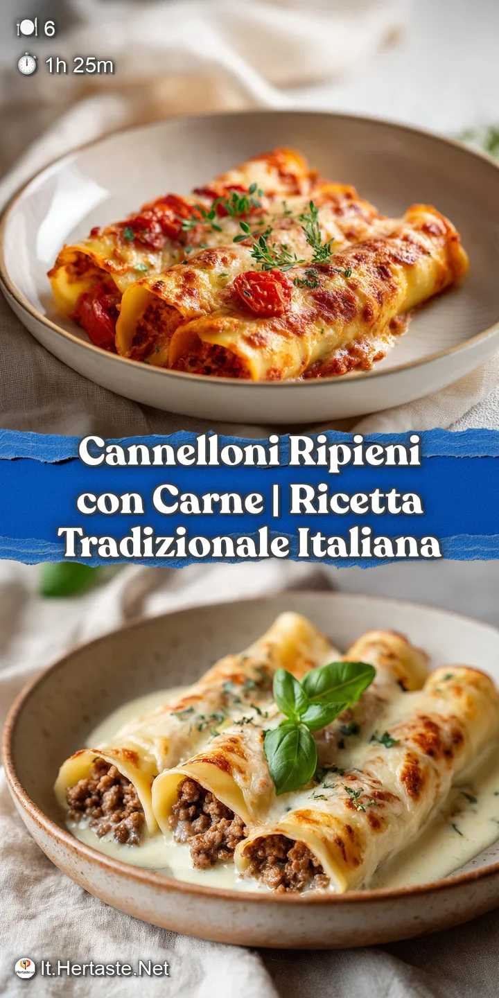 A close-up of a fork lifting a steaming cannelloni tube, revealing a savory meat filling.