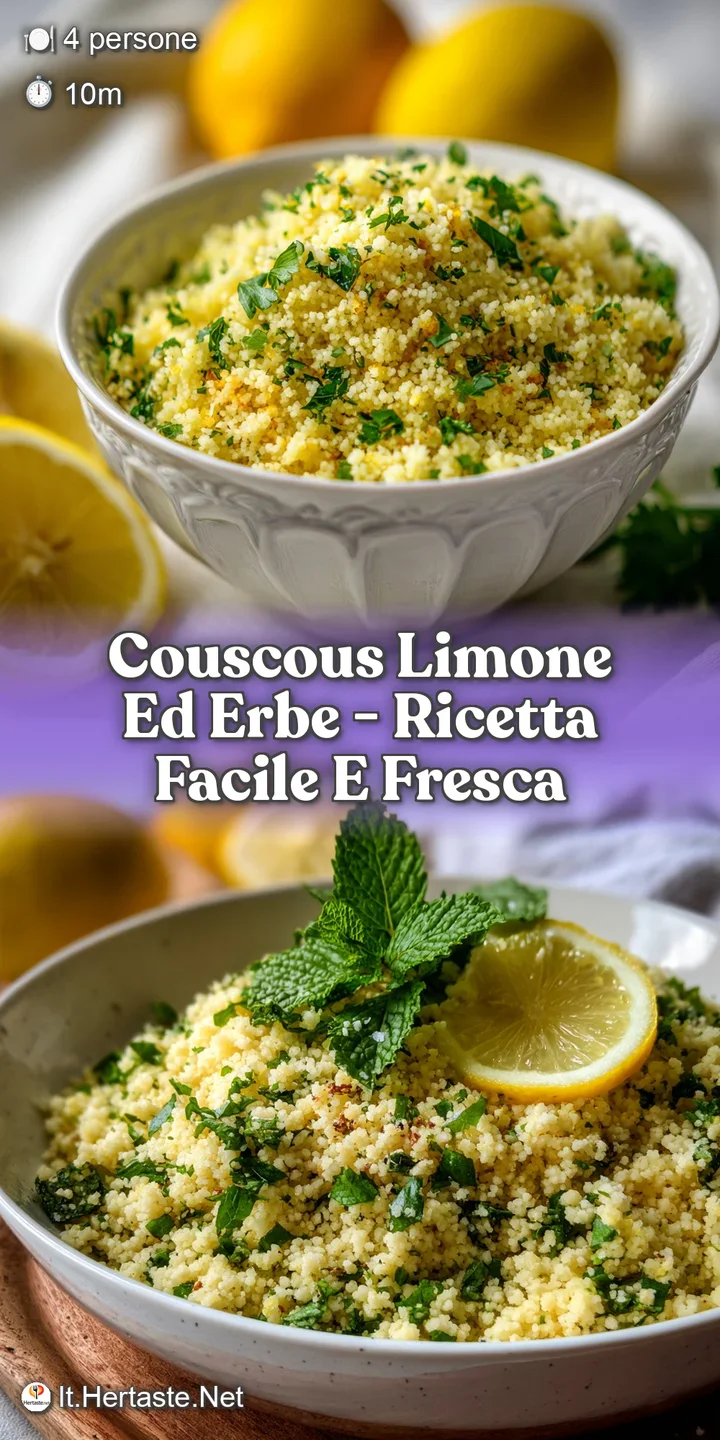 Close-up of vibrant couscous, showcasing plump grains, flecks of green herbs, and glistening lemon zest, appetizing and fr...