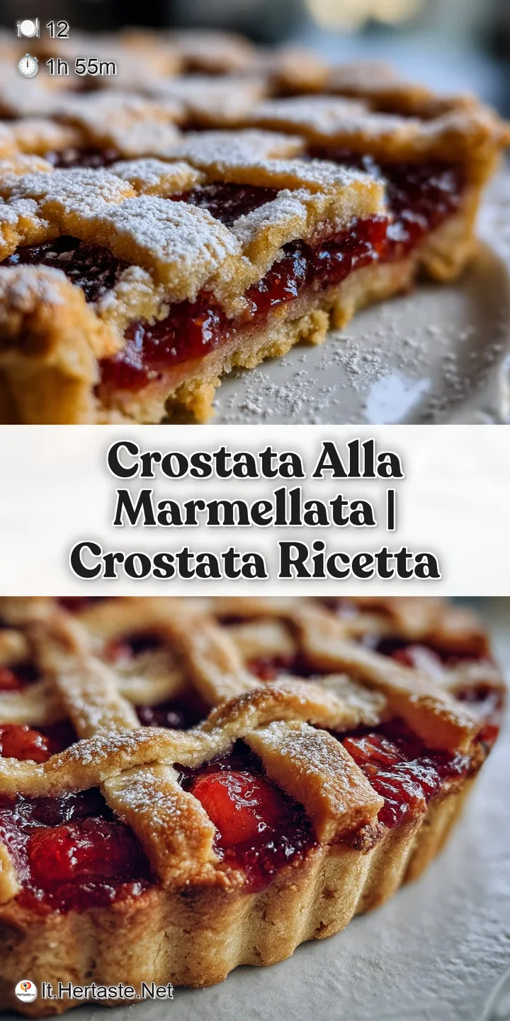 Close-up of the crostata's jam filling. Shiny, deep color. Crumbling crust edges hint at a buttery, rich flavor. A temptin...