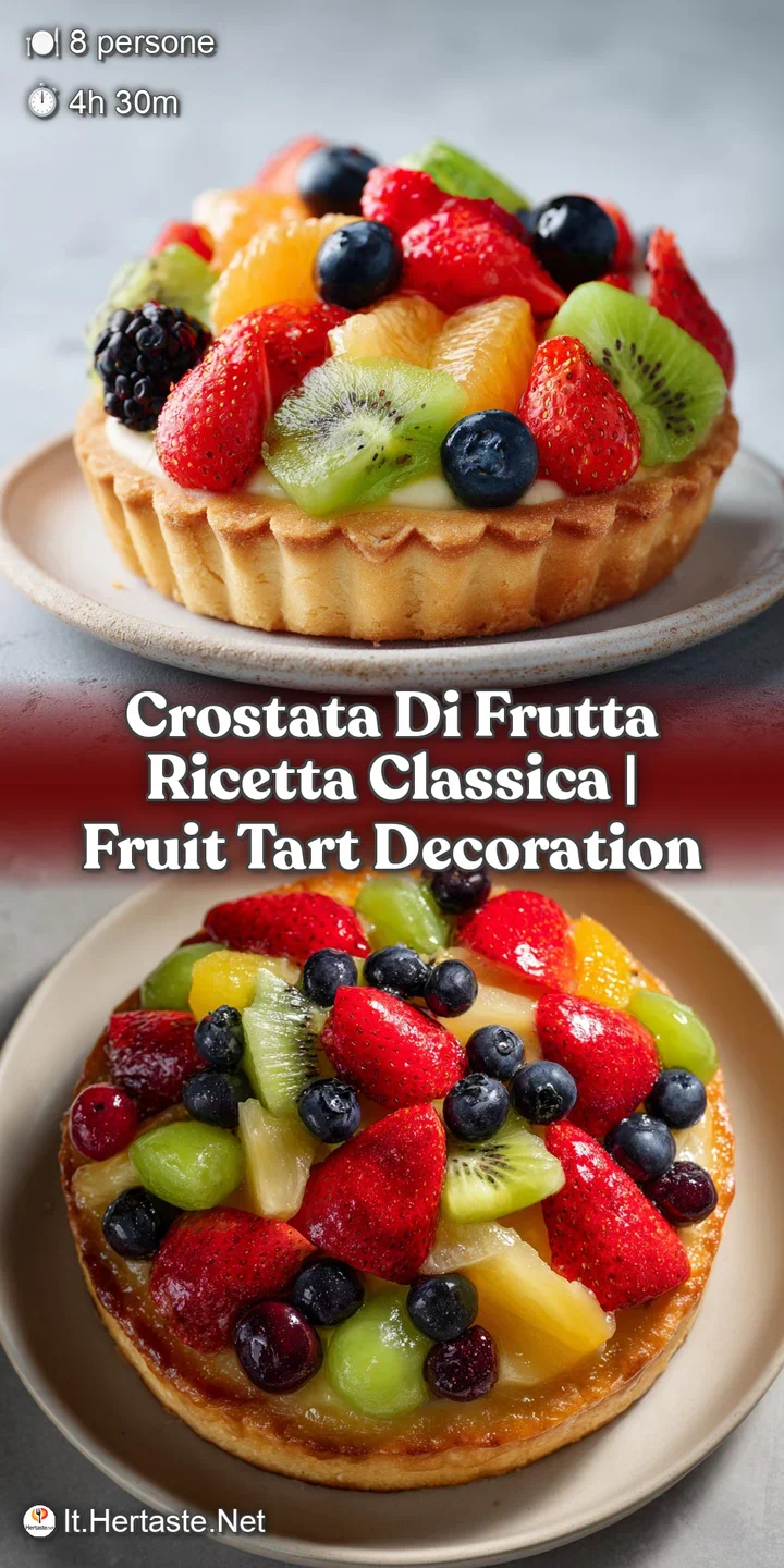 Extreme close-up of glossy, glazed strawberries and blueberries atop a crumbly, golden-brown buttery pastry crust.