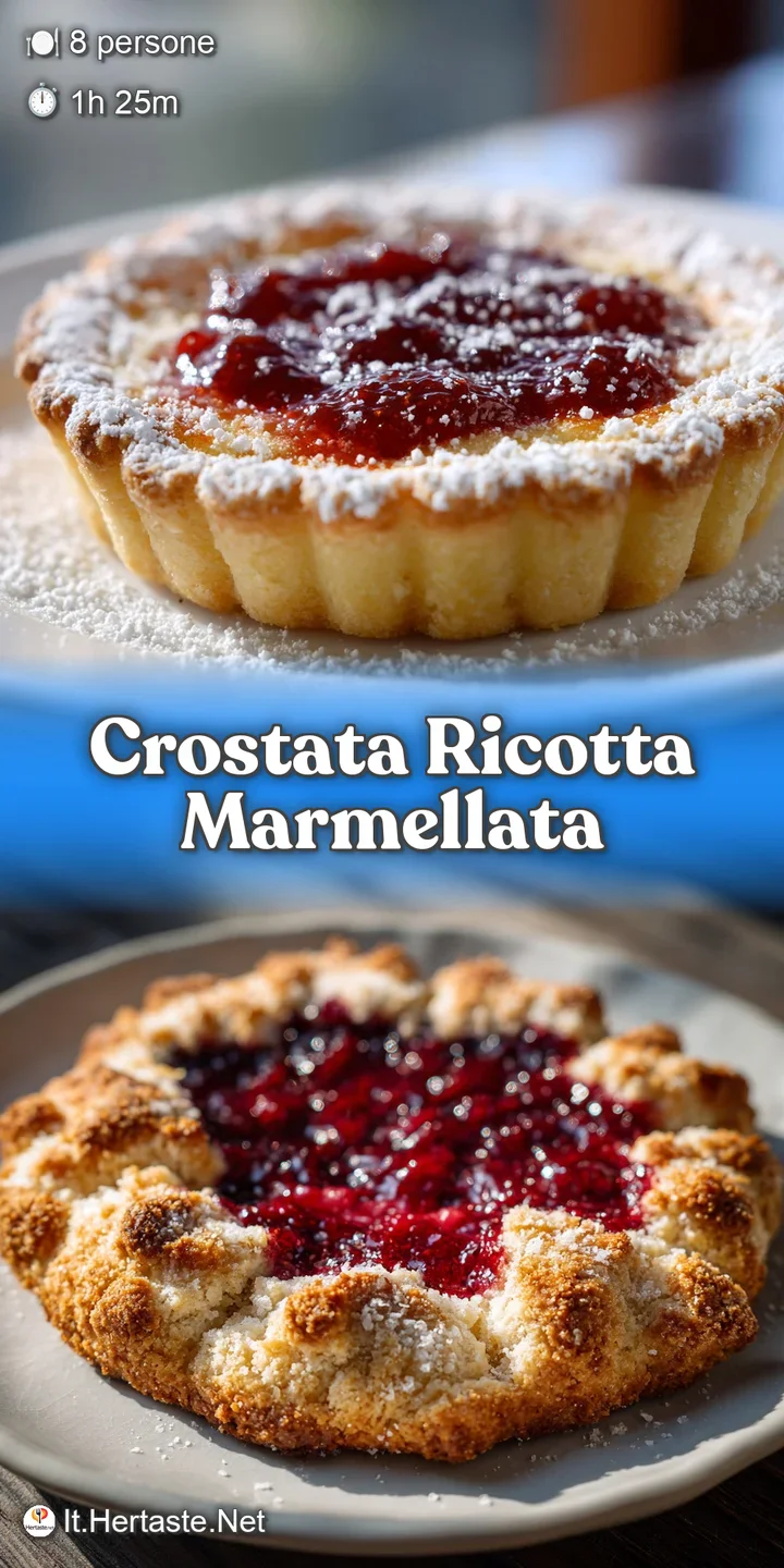 Close-up of the crostata: sweet apricot marmalade bubbling through the golden lattice. A glimpse of the creamy ricotta fil...