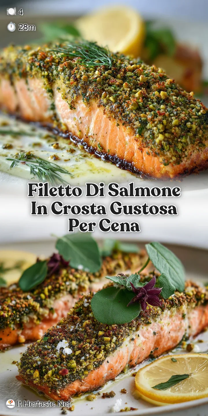 Up-close view of a salmon fillet featuring a golden, crunchy crust of herbs, with moist, pink flesh underneath &ndash; mouthwate...