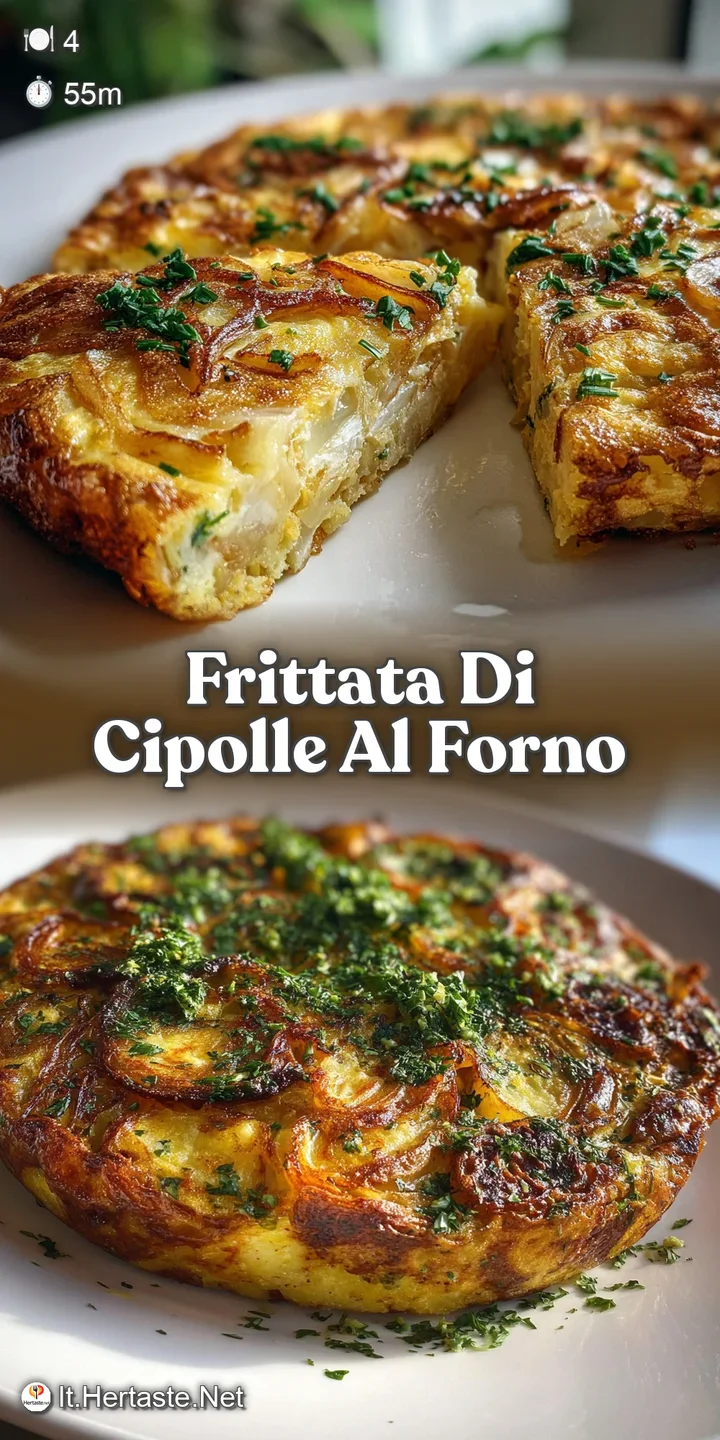 Close-up of caramelized onions baked inside a fluffy, golden frittata. Bubbled texture with browned edges signals rich fla...