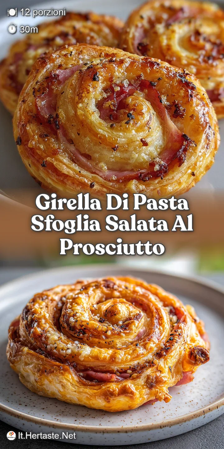 Close-up captures golden brown puff pastry with visible layers of ham and cheese, inviting textures, and tempting flaky su...