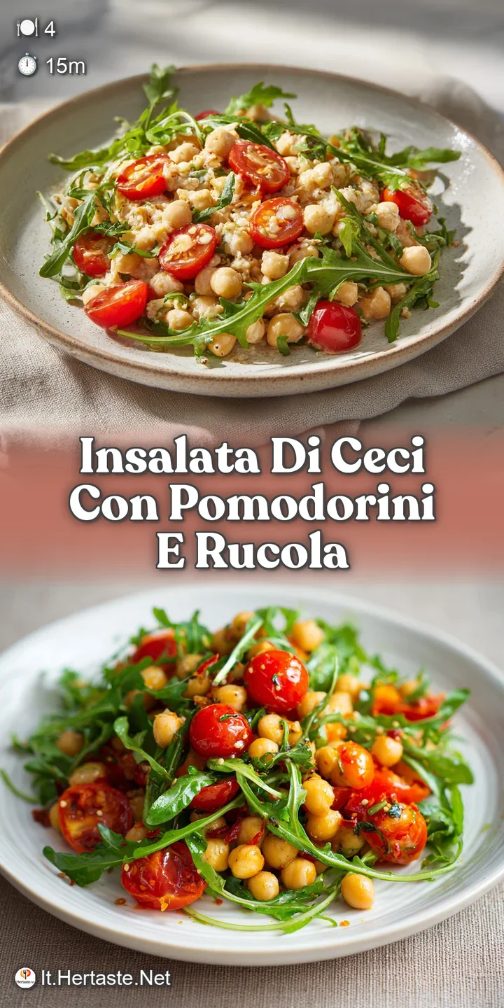 Close-up of a refreshing salad: Juicy tomato halves, tender chickpeas, and fresh arugula leaves covered in a light, inviti...