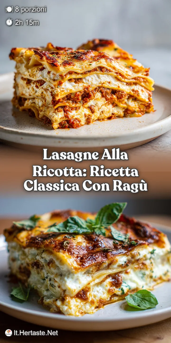 Close-up of warm, inviting lasagna with visible layers; creamy ricotta pockets contrasting against the vibrant red tomato ...