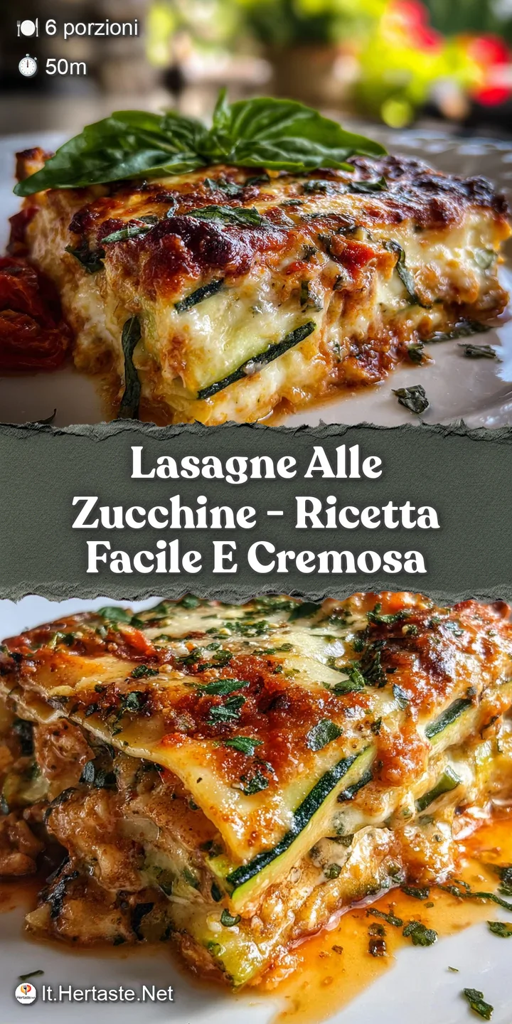 Close-up of creamy zucchini lasagna layers, melted cheese with browned edges. Steamy, fresh and flavorful, ready to eat.
