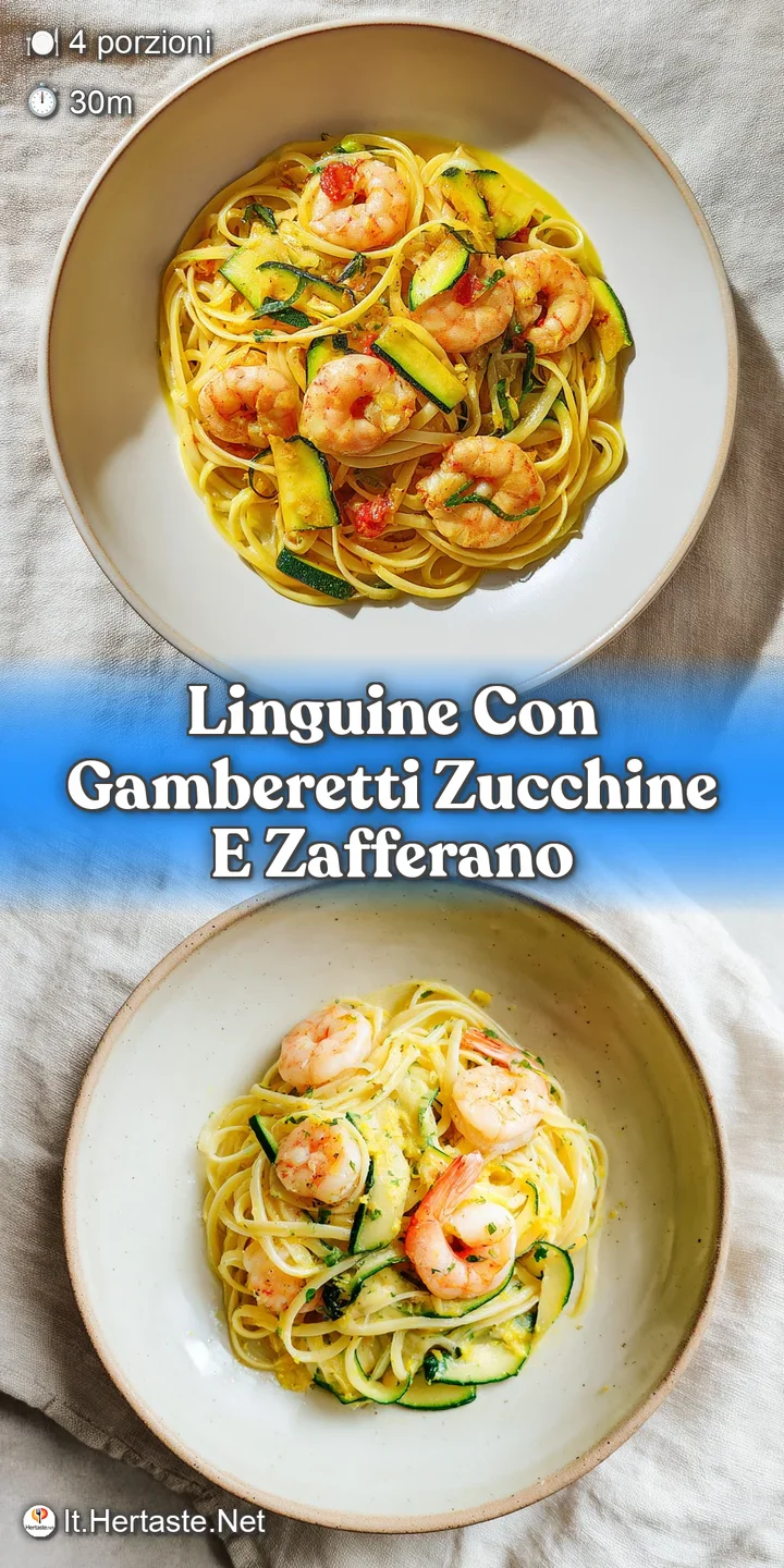 Close-up of al dente linguine, juicy shrimp, and tender zucchini in a rich, saffron-infused sauce, highlighting the dish's...