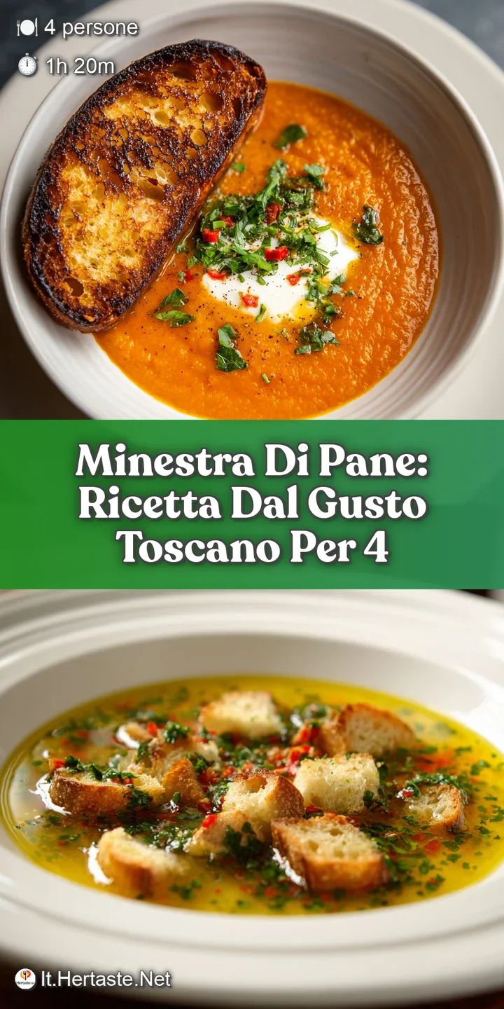 Close-up of steaming bread soup: golden croutons soak in a vibrant, textured tomato broth, promising warmth and comforting...