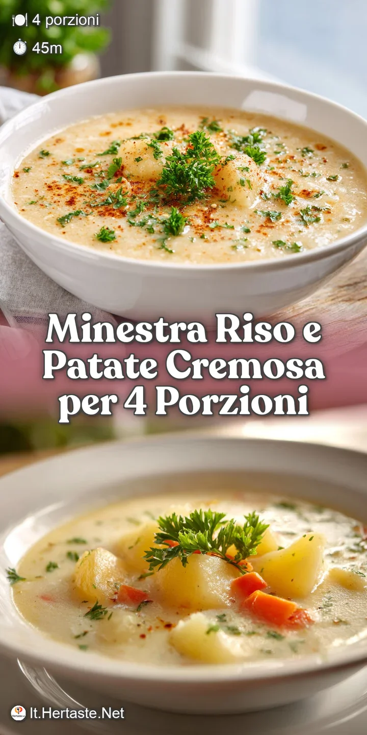 Close-up of comforting potato and rice soup. Visible starch creates a creamy texture, dotted with herbs and glistening oli...