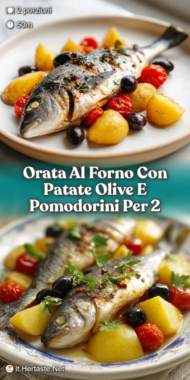 Close-up of tender, flaky baked orata with bursts of red cherry tomato and the wrinkled texture of salty black olives.