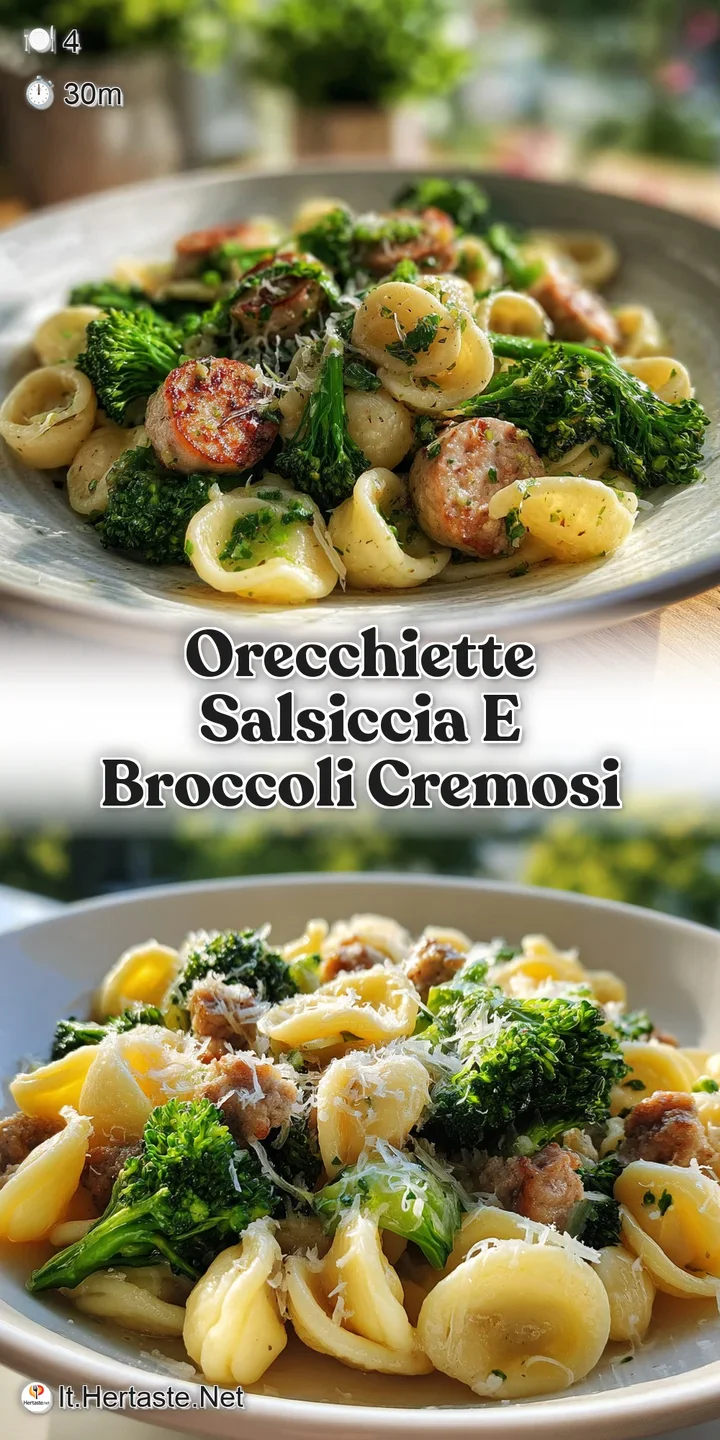 Close-up showcases the texture of orecchiette pasta coated in a savory sauce with juicy sausage crumbles and tender broccoli.