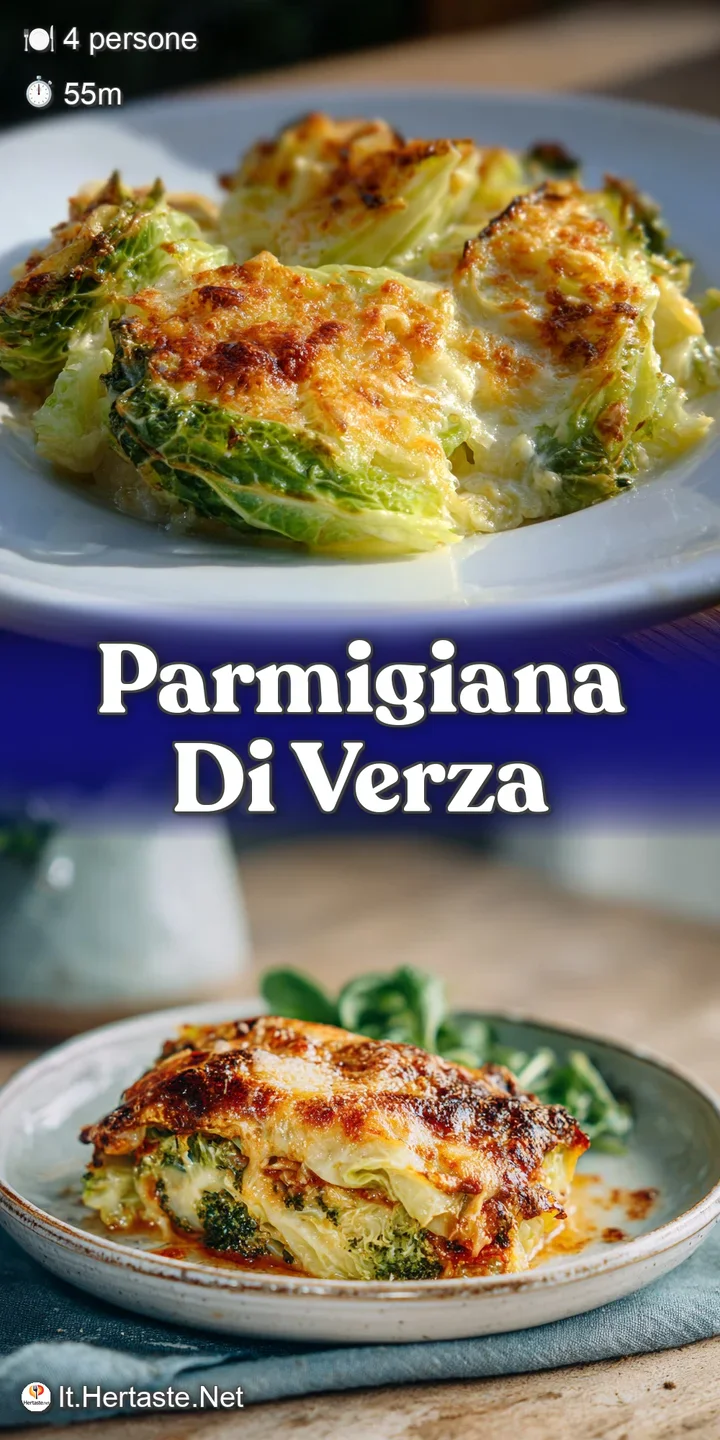 Close-up of golden-brown, cheesy Parmigiana di Verza, revealing layers of tender cabbage and rich sauce.