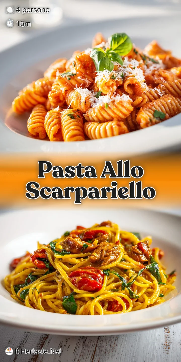 Close-up shows al dente pasta coated in a velvety, bright-red sauce, with visible bits of tomato and melted cheese.