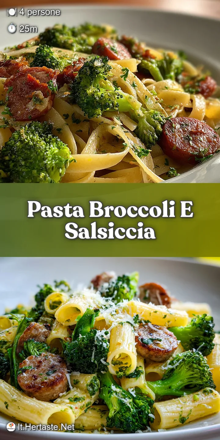 Close-up of perfectly cooked pasta with tender broccoli and crispy sausage, glistening with olive oil and sprinkled with p...
