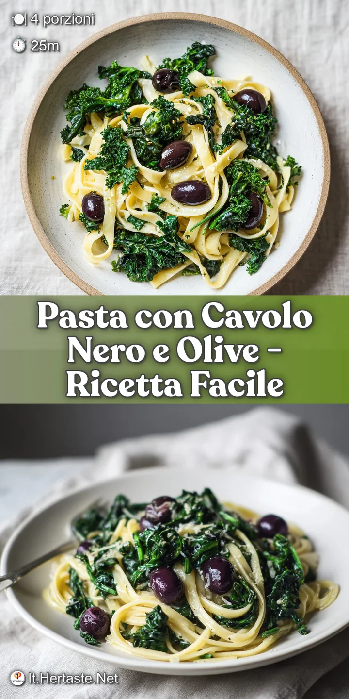 Close-up of glossy, dark green kale clinging to al dente pasta with plump black olives, promising a burst of savory flavor.