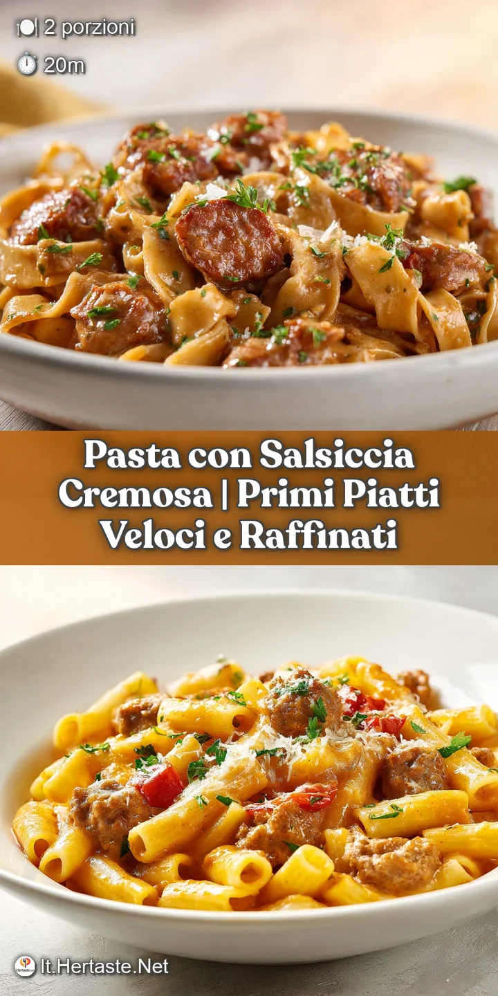 Close-up of tender pasta coated in a luscious, pale pink sauce with browned sausage crumbles and a hint of steam.