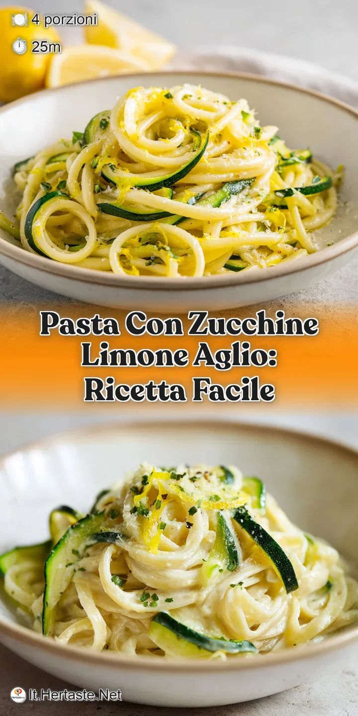 Close-up of glistening pasta strands coated in a bright lemon sauce, dotted with vibrant green zucchini and fragrant garli...