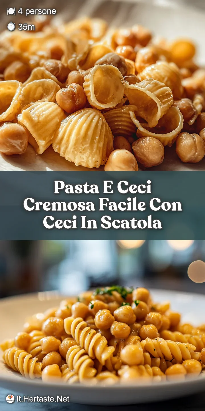 Close-up of luscious pasta e ceci, showing the creamy sauce clinging to the pasta and plump chickpeas; a comforting, warm ...