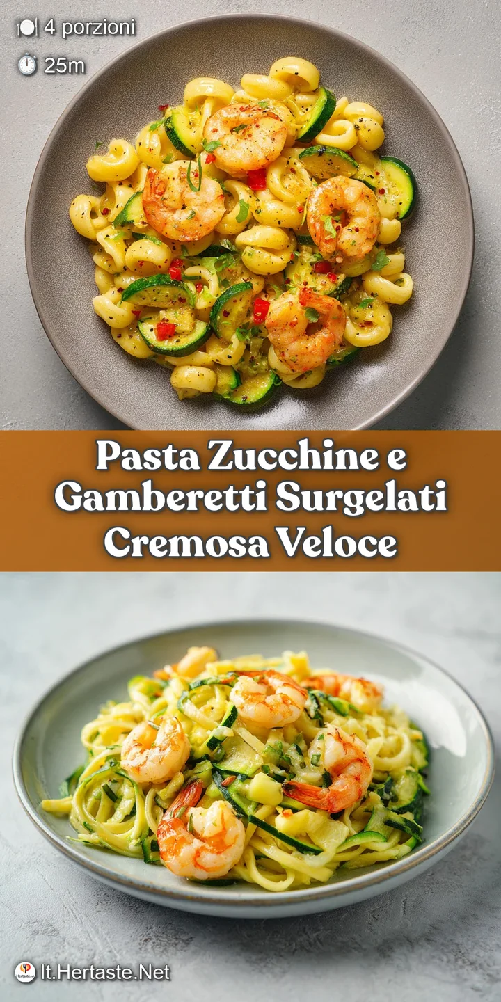 Close-up of creamy pasta, zucchini ribbons, and juicy shrimp. Steam rises gently, inviting you to take a bite.