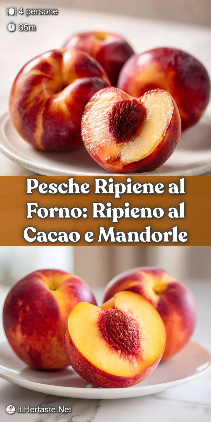 Close-up of a warm, stuffed peach; the filling is golden and textured, peeking out from the soft, yielding fruit, hinting ...