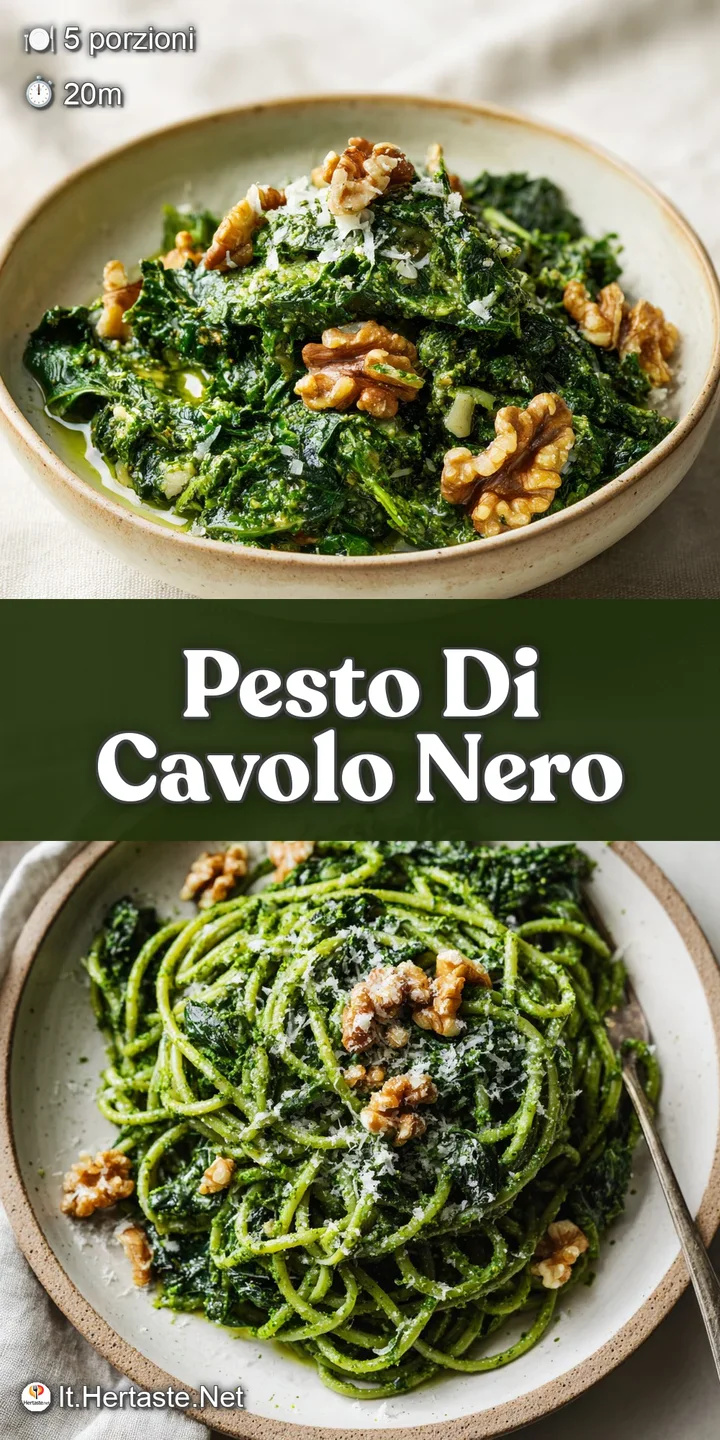 Close-up captures the oily sheen and textured mix of vibrant green kale pesto and crumbled pecorino coating the pasta.