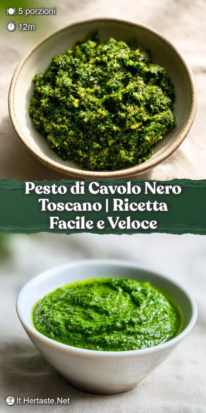 Lustrous, deep-green kale pesto clings to twirls of pasta. The close-up shows coarse texture, with droplets of oil shining...