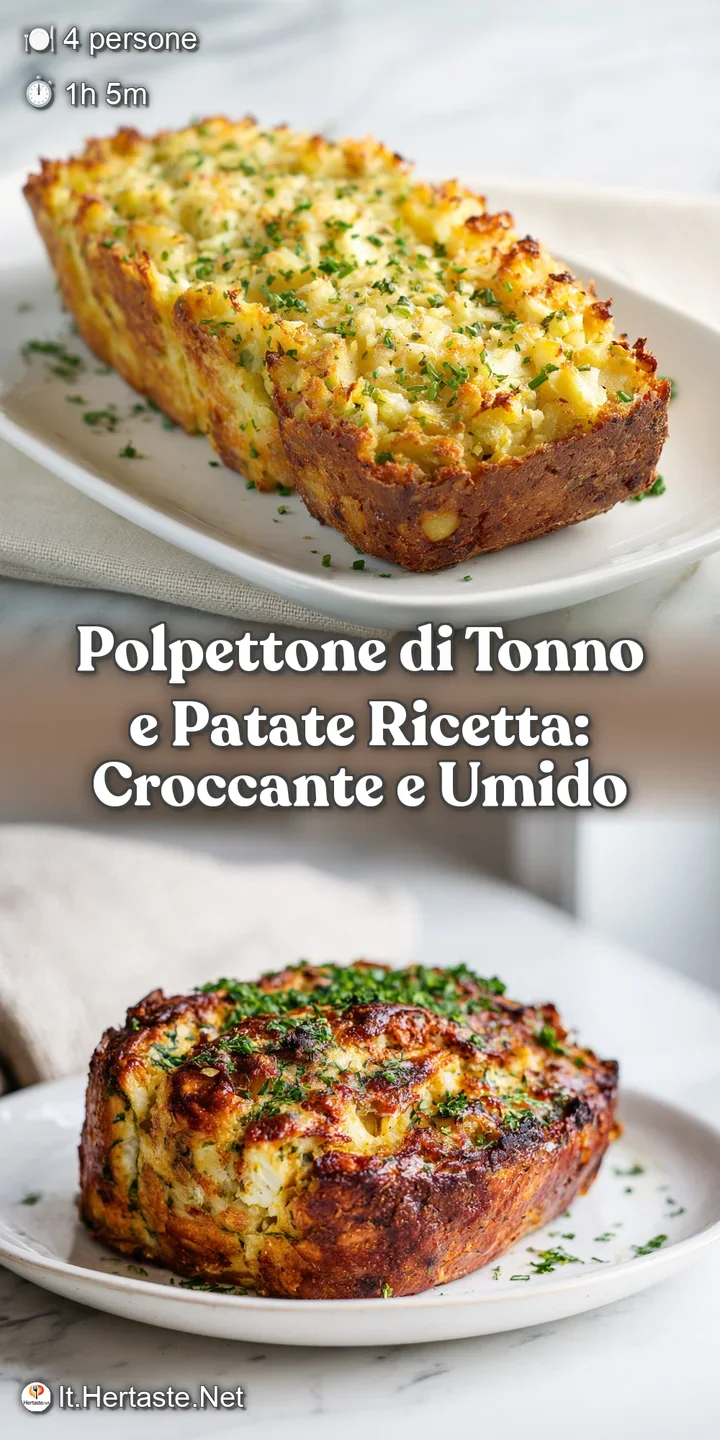 Close-up of a slice of the polpettone, showing moist flakes of tuna and potato, dotted with green herbs and glistening.