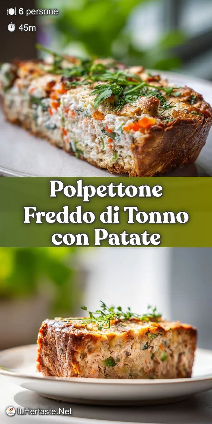 Close-up of a moist slice of polpettone; flaked tuna, soft potatoes, a glossy sheen from the mayonnaise, flecks of green h...