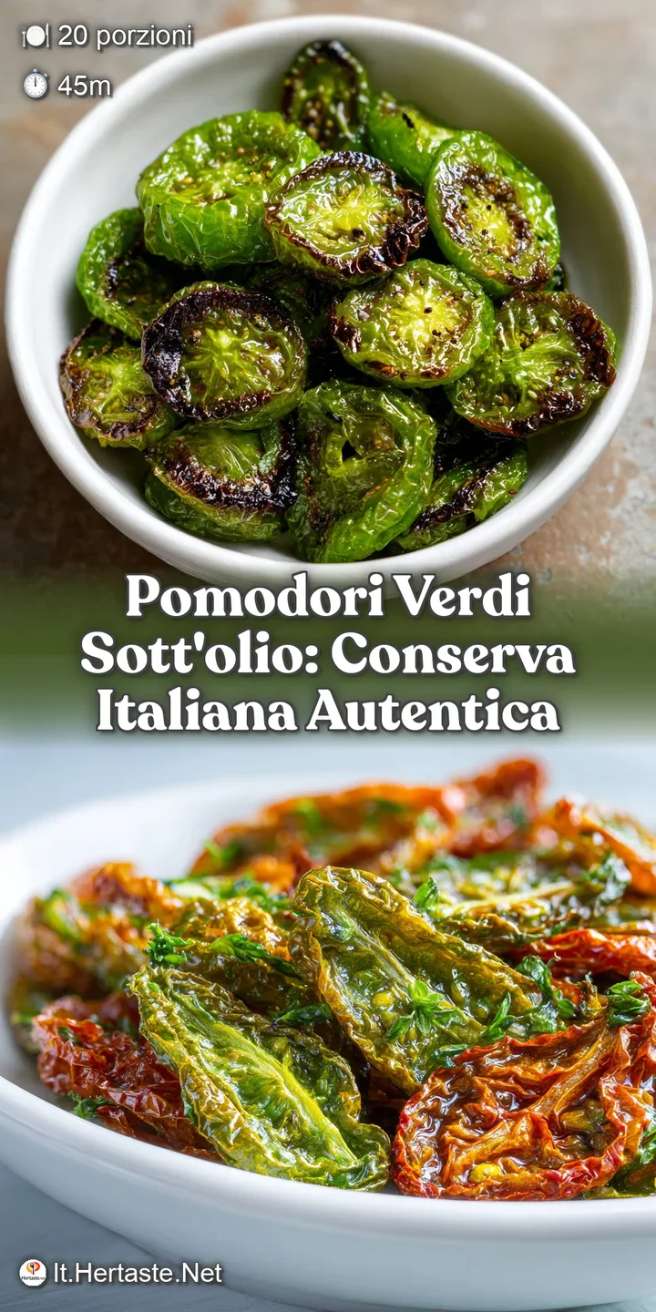 Close-up of glossy, oil-slicked green tomatoes, their textures highlighted, with vibrant herbs; a savory, preserved delight.