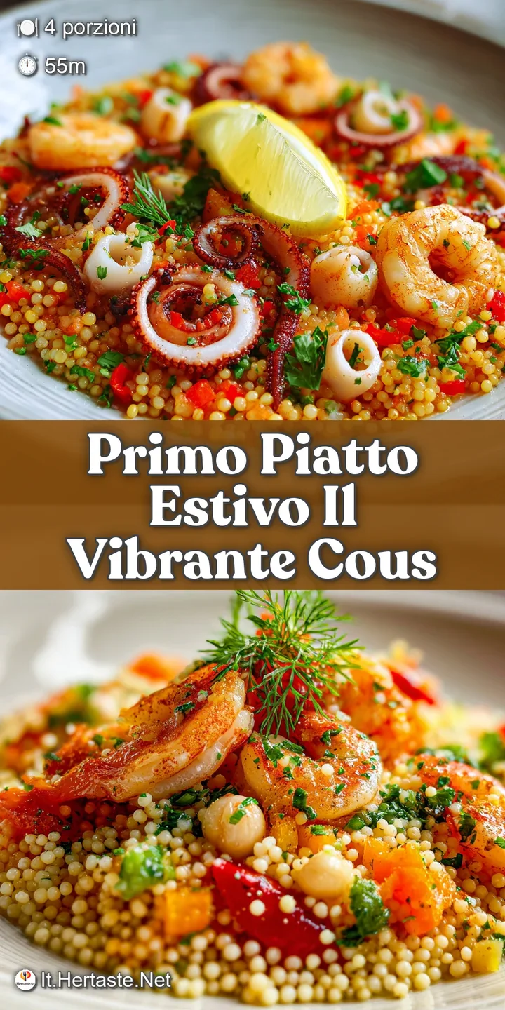 Close-up of tender couscous mixed with succulent seafood, herbs and glistening dressing, a burst of fresh flavors.