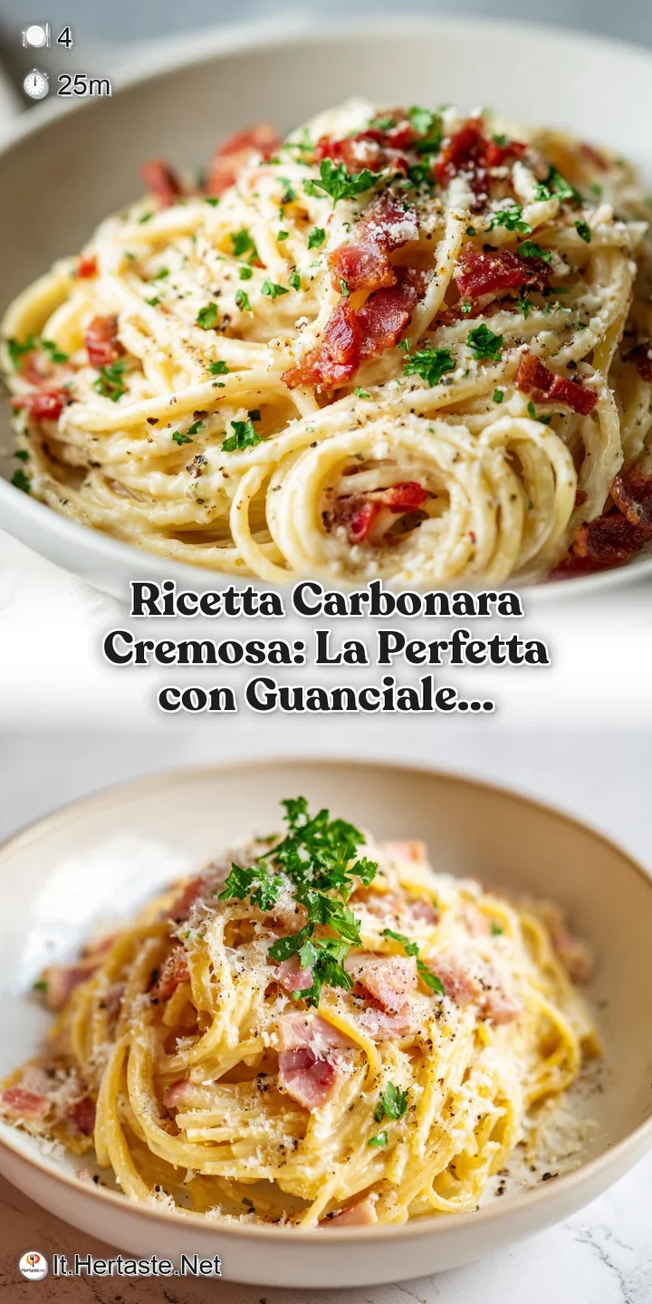 Close-up: Twirls of spaghetti embraced in a luscious, creamy carbonara sauce, flecked with savory bits of crispy fried gua...