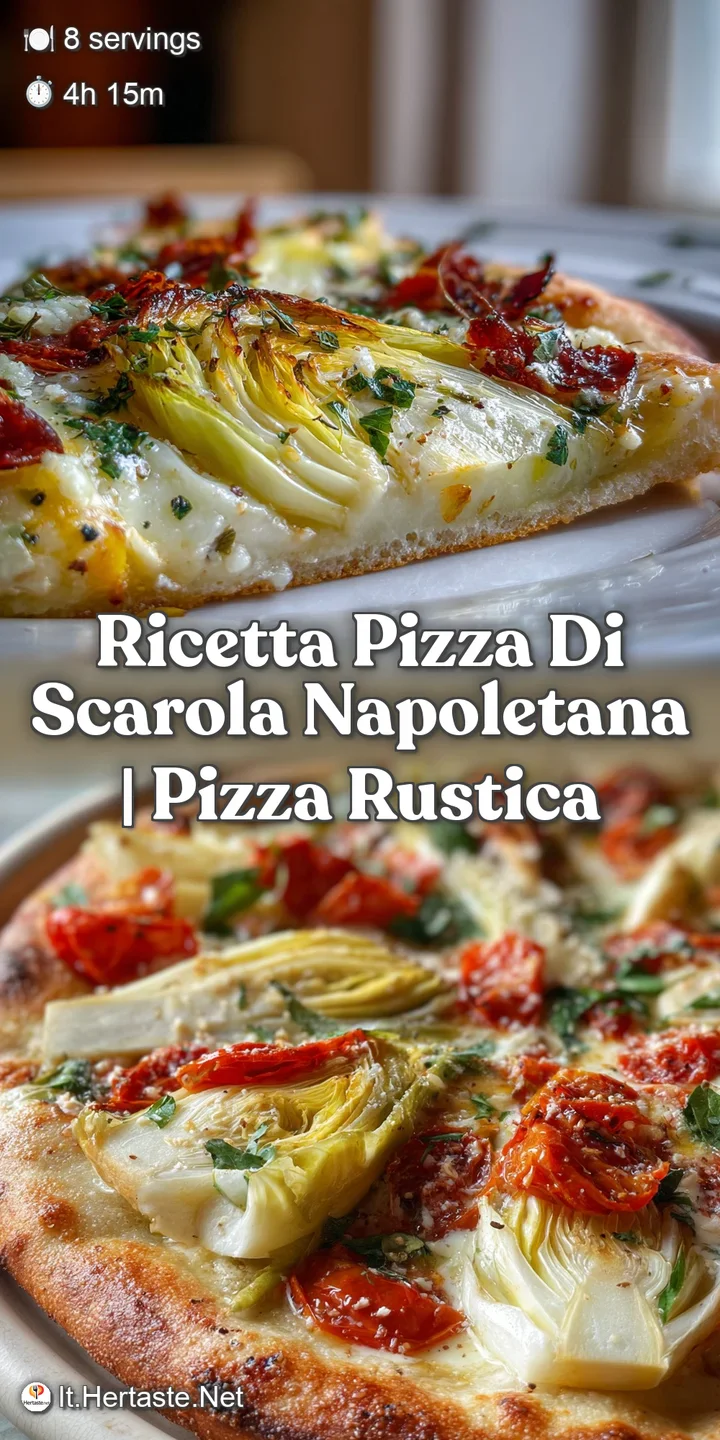 Close-up of a pizza slice revealing a bubbly, golden crust and a flavorful filling of wilted escarole, olives, and a drizz...