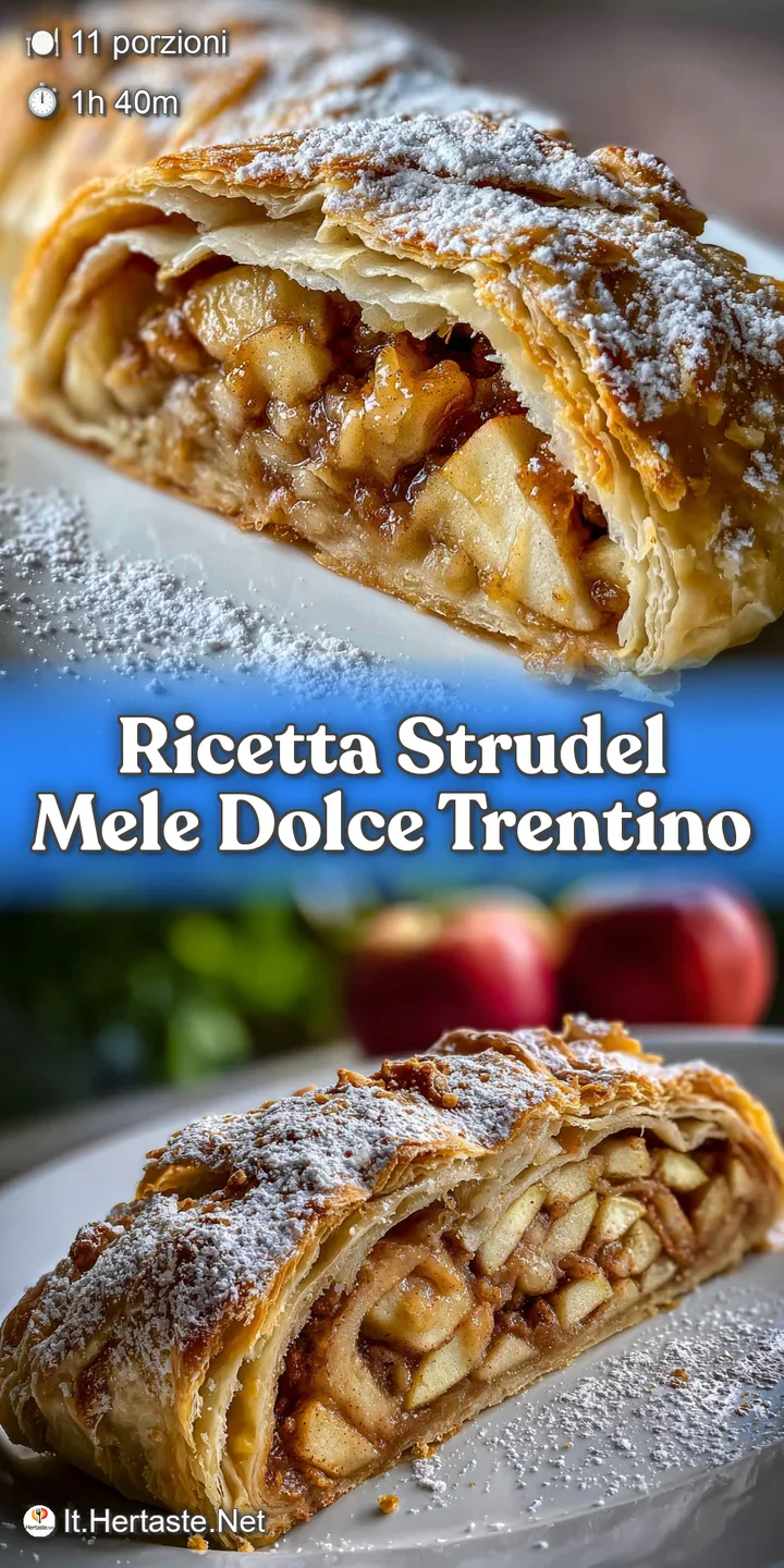 Close-up of warm apple strudel. Flaky layers and tender apples shine, dusted with fine powdered sugar. A tempting autumn t...