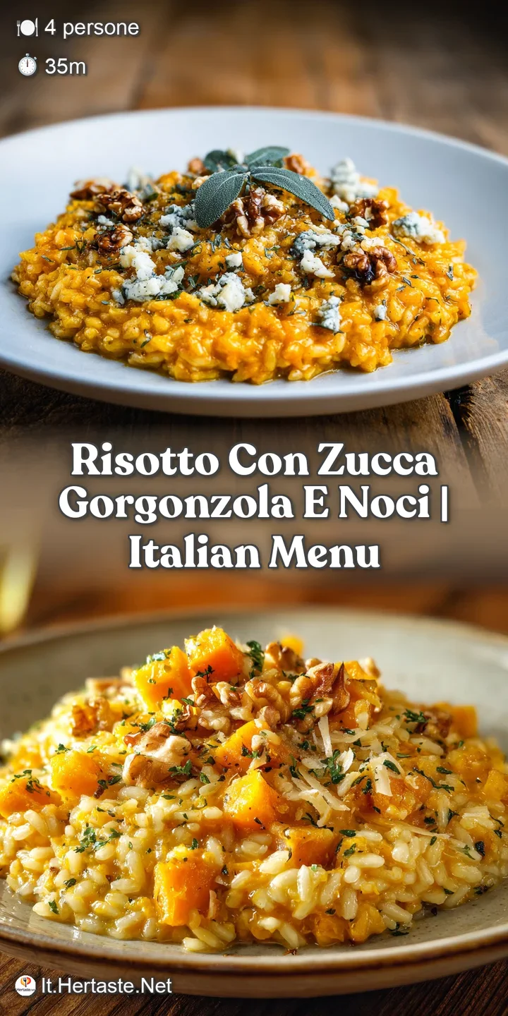 Close-up of creamy risotto with visible squash chunks, melted gorgonzola veins, and coarsely chopped walnuts, highlighting...