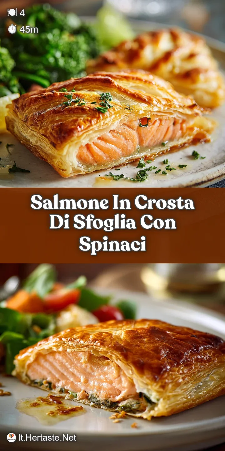 Close-up of a golden puff pastry crust revealing moist salmon and bright green spinach, promising a flavorful and satisfyi...