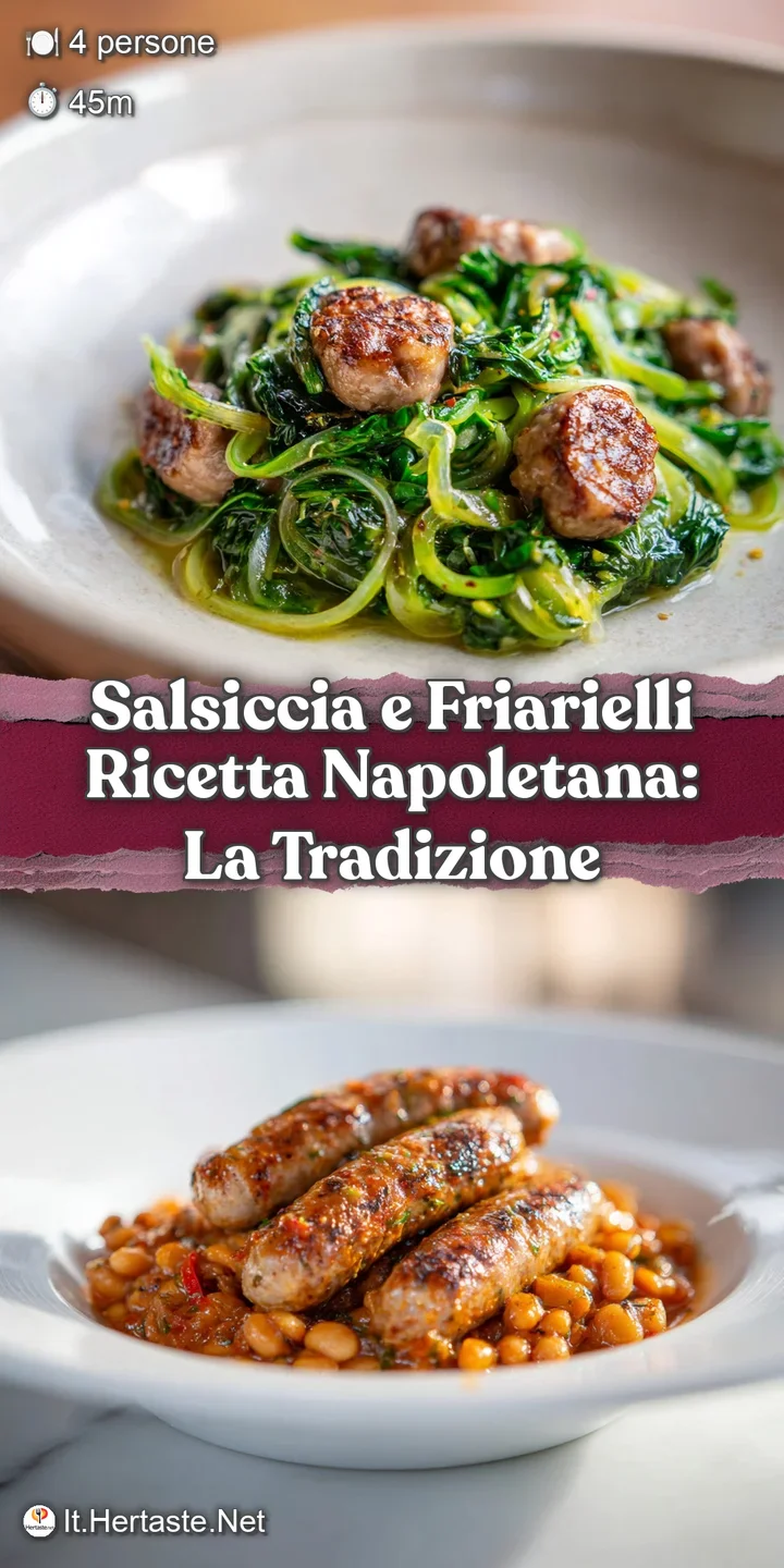 Close-up of juicy browned Italian sausage nestled amongst tender, dark-green friarielli, glistening with savory sauce.