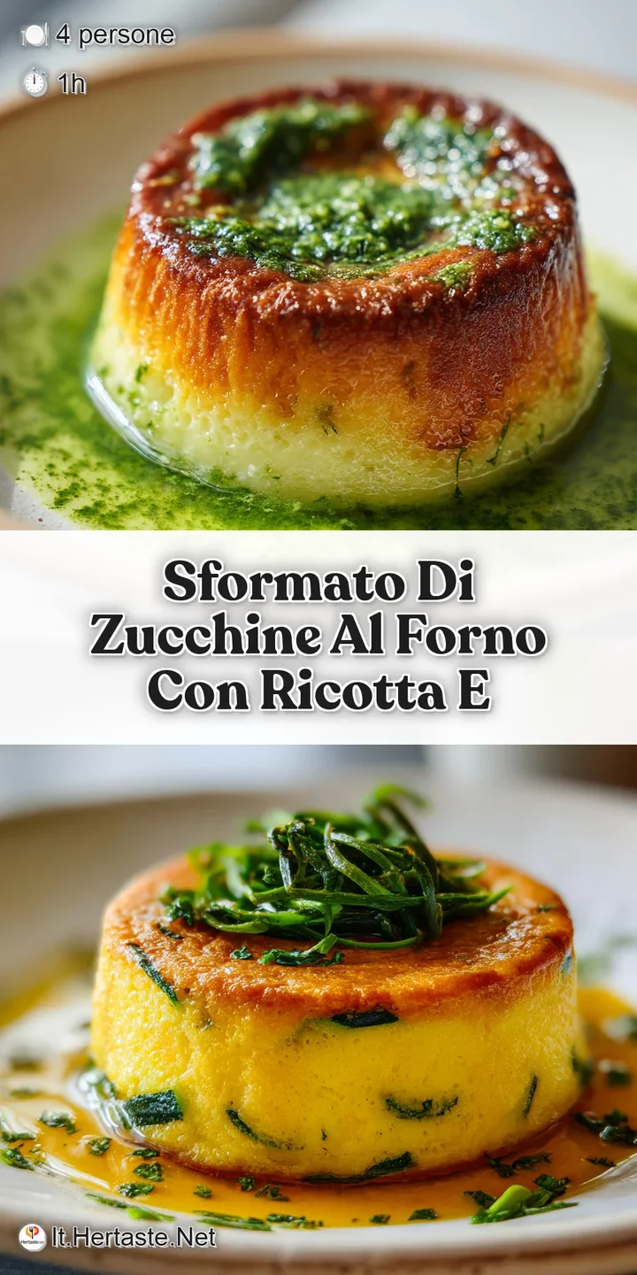 Close-up of a zucchini sformato; soft, airy texture visible. Hints of golden brown from baking; flecks of green herbs visi...