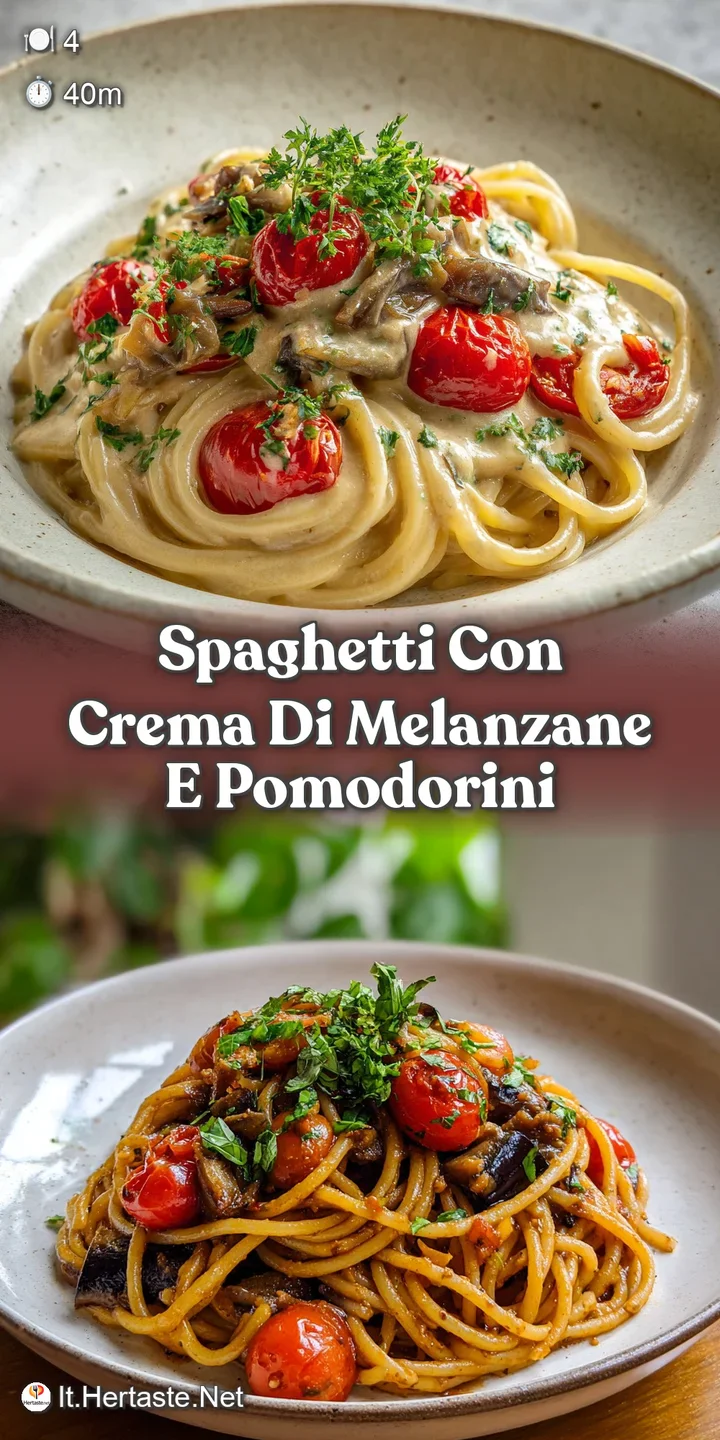 Close-up showcasing the silky texture of spaghetti swirled in creamy eggplant sauce with juicy burst cherry tomatoes, fres...