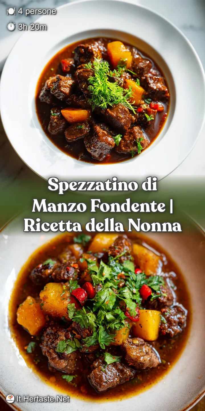 Close-up of succulent, slow-braised beef cubes in a deep, glossy sauce, with a hint of steam rising.