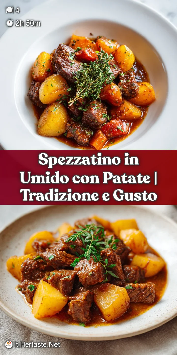 Close-up of glistening beef and potato chunks in a rich, steaming umido sauce, invitingly textured.