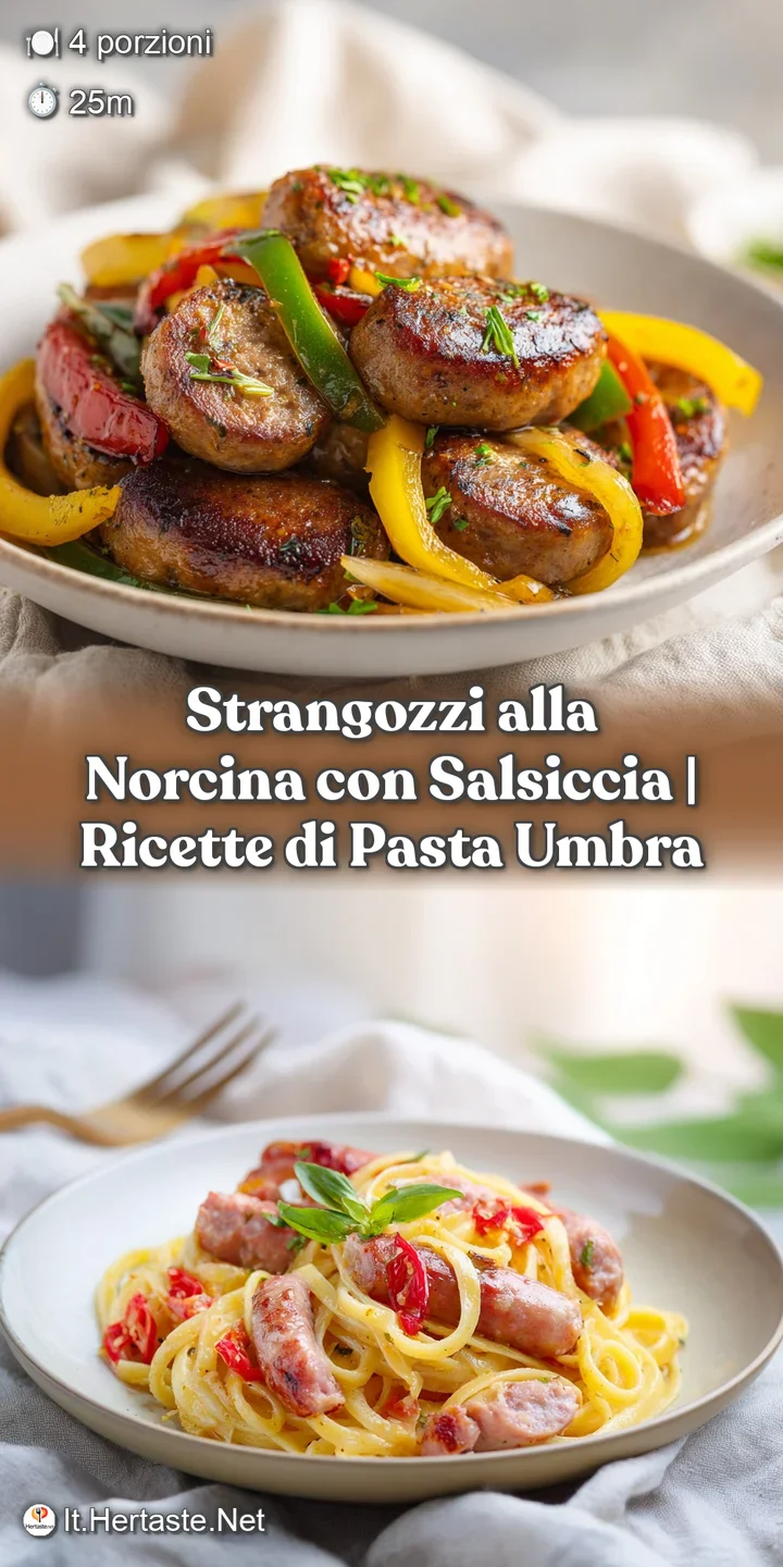 Close-up of rustic strangozzi pasta with creamy sauce clinging to every noodle and savory sausage bits.